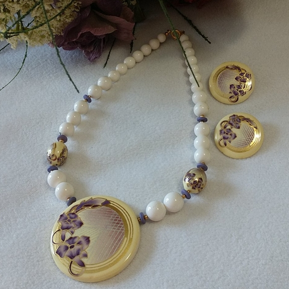 Jewelry - 3 Pc Vintage Necklace Earring Set Porcelain Painted Beads Petunia Purple Pierced